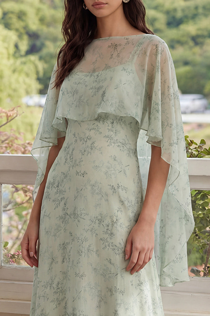 Load image into Gallery viewer, Floral Dusty Sage Maxi A Line Prom Dress with Cape