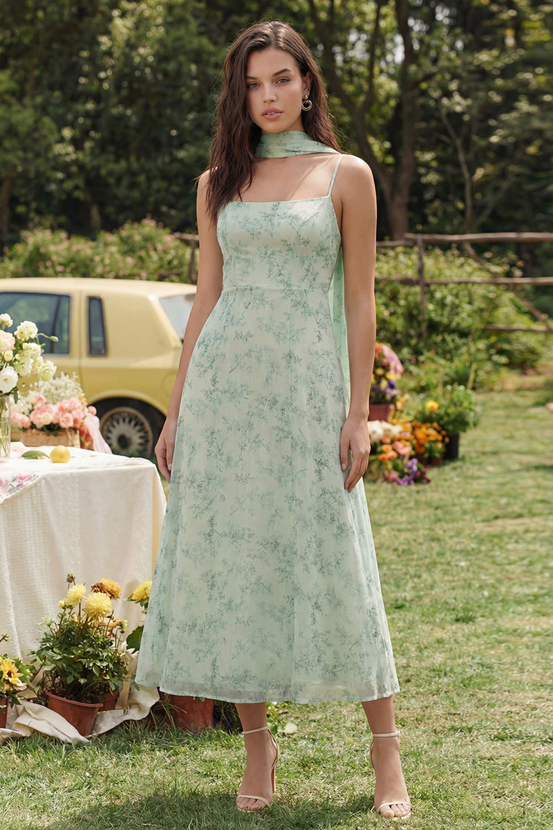 Load image into Gallery viewer, A Line Dusty Sage Neck Scarf Floral Maxi Prom Dress