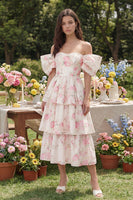 Load image into Gallery viewer, White Pink Flower Ruffled Off the Shoulder Midi Prom Dress