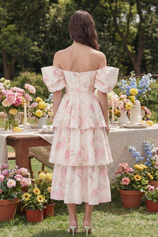 White Pink Flower Ruffled Off the Shoulder Midi Prom Dress