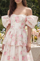 Load image into Gallery viewer, White Pink Flower Ruffled Off the Shoulder Midi Prom Dress