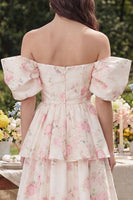 Load image into Gallery viewer, White Pink Flower Ruffled Off the Shoulder Midi Prom Dress