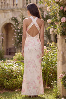 Load image into Gallery viewer, White Pink Flower Mermaid Halter Long Prom Dress