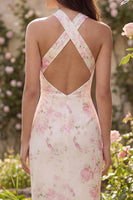 Load image into Gallery viewer, White Pink Flower Mermaid Halter Long Prom Dress