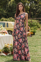 Load image into Gallery viewer, Black Pink Flower One Shoulder A Line Long Prom Dress