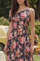 Load image into Gallery viewer, Black Pink Flower One Shoulder A Line Long Prom Dress