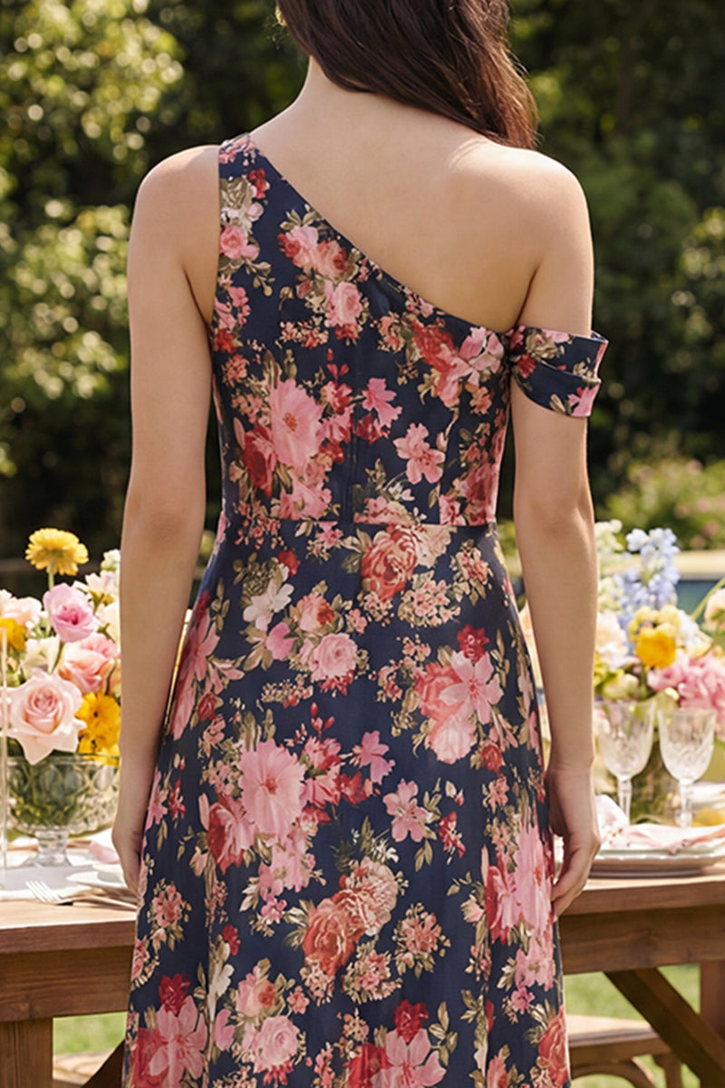 Load image into Gallery viewer, Black Pink Flower One Shoulder A Line Long Prom Dress