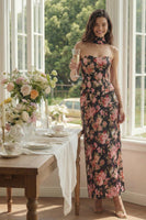 Load image into Gallery viewer, Sheath Black Pink Flower Corset Basque Waist Maxi Prom Dress