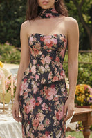 Load image into Gallery viewer, Sheath Black Pink Flower Corset Basque Waist Maxi Prom Dress