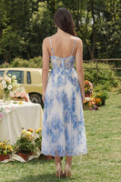Load image into Gallery viewer, White Blue Flower A Line Spaghetti Straps Corset Pleated Maxi Prom Dress
