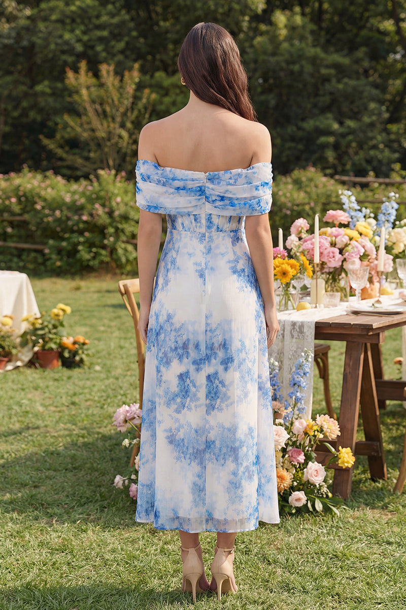 Load image into Gallery viewer, Corset White Blue Flower Off the Shoulder A Line Maxi Prom Dress with Slit