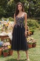 Load image into Gallery viewer, Black Tulle Spaghetti Straps A Line Maxi Prom Dress with Appliques