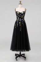 Load image into Gallery viewer, Black Tulle Spaghetti Straps A Line Maxi Prom Dress with Appliques