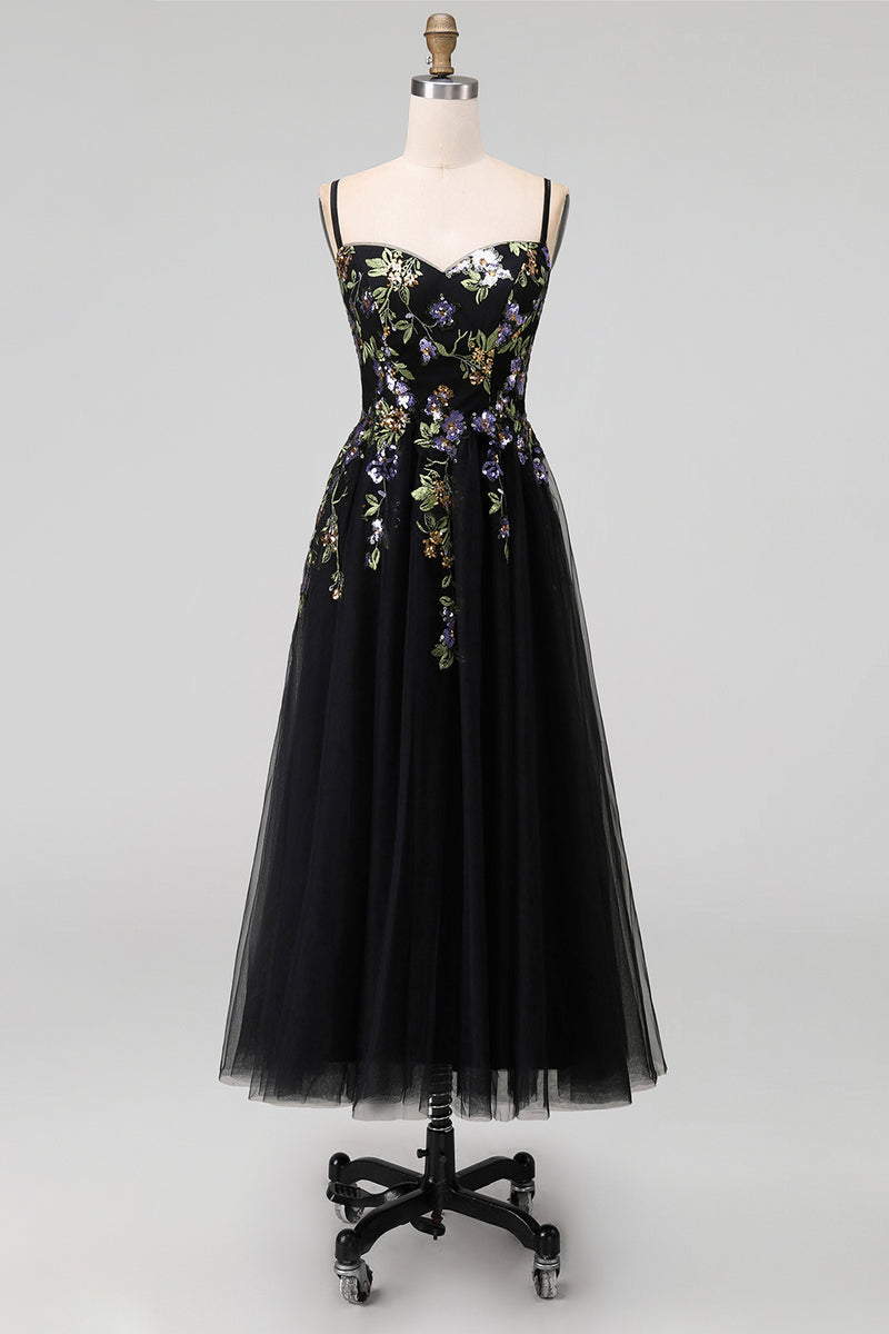 Load image into Gallery viewer, Black Tulle Spaghetti Straps A Line Maxi Prom Dress with Appliques