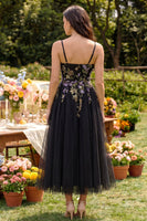 Load image into Gallery viewer, Black Tulle Spaghetti Straps A Line Maxi Prom Dress with Appliques