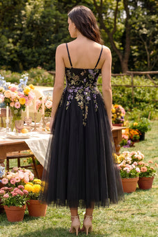 Black Tulle Spaghetti Straps A Line Maxi Prom Dress with Appliques