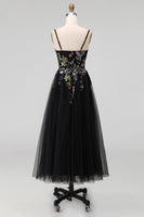 Load image into Gallery viewer, Black Tulle Spaghetti Straps A Line Maxi Prom Dress with Appliques