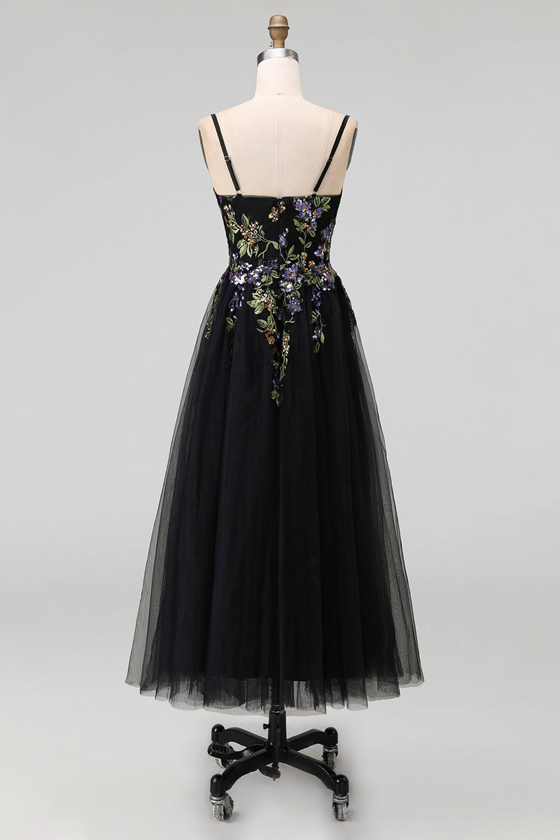 Load image into Gallery viewer, Black Tulle Spaghetti Straps A Line Maxi Prom Dress with Appliques