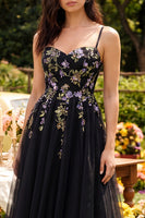 Load image into Gallery viewer, Black Tulle Spaghetti Straps A Line Maxi Prom Dress with Appliques