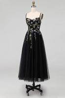 Load image into Gallery viewer, Black Tulle Spaghetti Straps A Line Maxi Prom Dress with Appliques