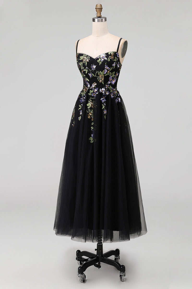 Load image into Gallery viewer, Black Tulle Spaghetti Straps A Line Maxi Prom Dress with Appliques