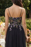 Load image into Gallery viewer, Black Tulle Spaghetti Straps A Line Maxi Prom Dress with Appliques