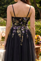 Load image into Gallery viewer, Black Tulle Spaghetti Straps A Line Maxi Prom Dress with Appliques