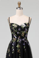 Load image into Gallery viewer, Black Tulle Spaghetti Straps A Line Maxi Prom Dress with Appliques