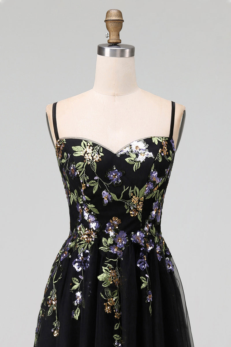 Load image into Gallery viewer, Black Tulle Spaghetti Straps A Line Maxi Prom Dress with Appliques