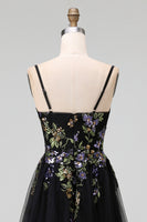 Load image into Gallery viewer, Black Tulle Spaghetti Straps A Line Maxi Prom Dress with Appliques