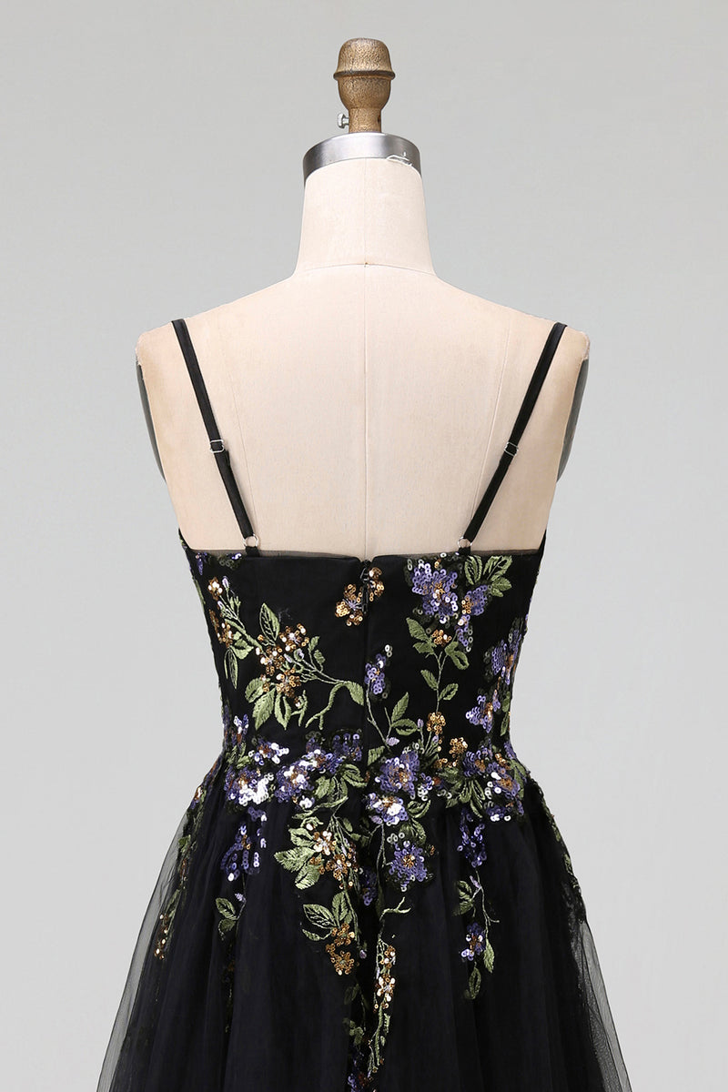 Load image into Gallery viewer, Black Tulle Spaghetti Straps A Line Maxi Prom Dress with Appliques