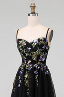 Load image into Gallery viewer, Black Tulle Spaghetti Straps A Line Maxi Prom Dress with Appliques