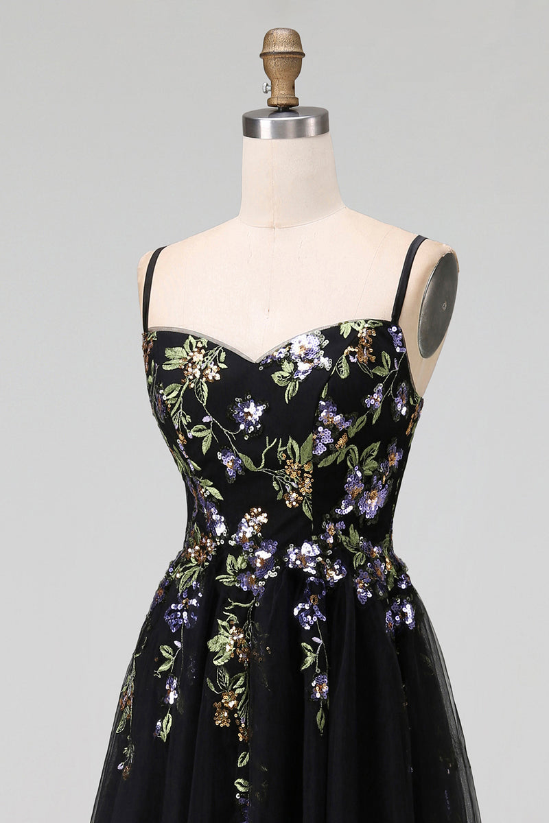 Load image into Gallery viewer, Black Tulle Spaghetti Straps A Line Maxi Prom Dress with Appliques