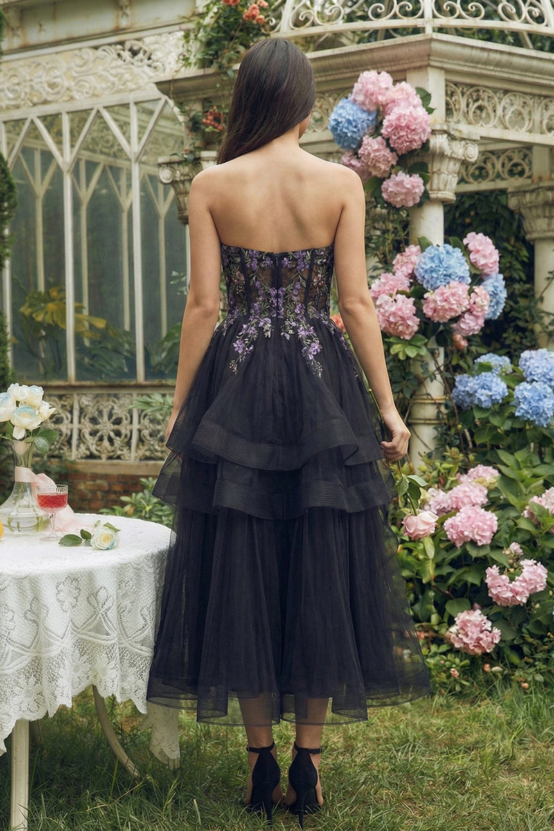 Load image into Gallery viewer, Black Sweetheart Floral Tulle A Line Maxi Prom Dress