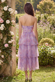 Purple Floral Strapless Corset A Line Maxi Prom Dress