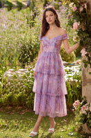 Load image into Gallery viewer, Purple Corset A Line Off the Shoulder Floral Ruffled Maxi Prom Dress