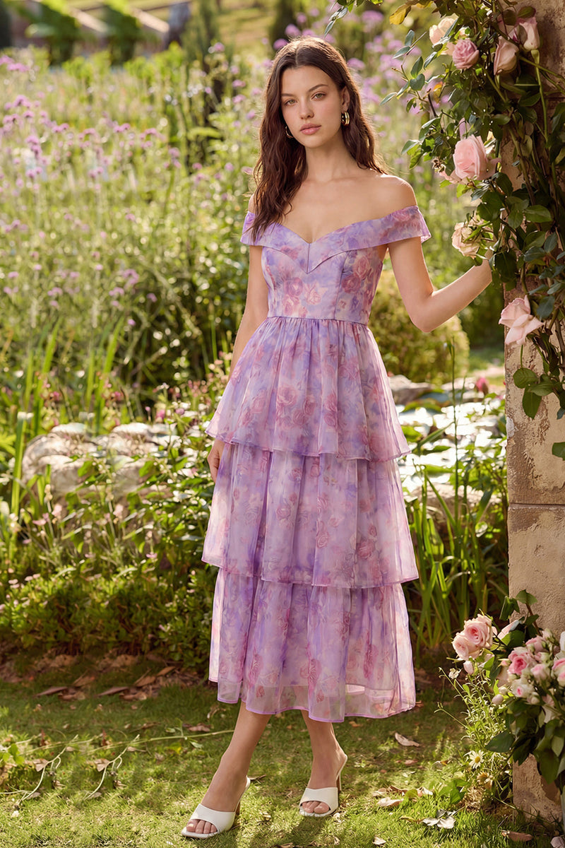 Load image into Gallery viewer, Purple Corset A Line Off the Shoulder Floral Ruffled Maxi Prom Dress