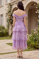 Load image into Gallery viewer, Purple Corset A Line Off the Shoulder Floral Ruffled Maxi Prom Dress