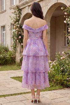 Purple Corset A Line Off the Shoulder Floral Ruffled Maxi Prom Dress