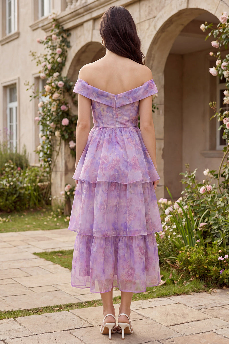 Load image into Gallery viewer, Purple Corset A Line Off the Shoulder Floral Ruffled Maxi Prom Dress