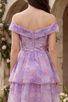 Load image into Gallery viewer, Purple Corset A Line Off the Shoulder Floral Ruffled Maxi Prom Dress