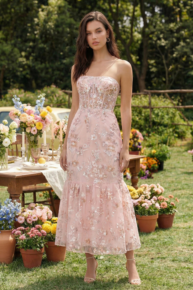 Load image into Gallery viewer, Pink Mermaid Floral Strapless Corset Maxi Prom Dress