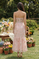 Load image into Gallery viewer, Pink Mermaid Floral Strapless Corset Maxi Prom Dress