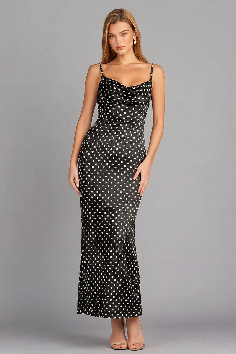 Load image into Gallery viewer, Black and White Dots Spaghetti Straps Mermaid Maxi Prom Dress