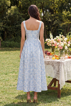 Jacquard A Line Blue Floral Square Neck Maxi Prom Dress