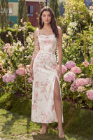 Load image into Gallery viewer, Sheath White Pink Flower Long Prom Dress with Strings