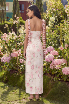 Sheath White Pink Flower Long Prom Dress with Strings