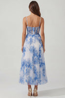 Load image into Gallery viewer, White Blue Flower Corset Maxi A Line Prom Dress