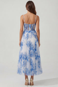 White Blue Flower Corset Maxi A Line Prom Dress