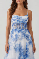 Load image into Gallery viewer, White Blue Flower Corset Maxi A Line Prom Dress